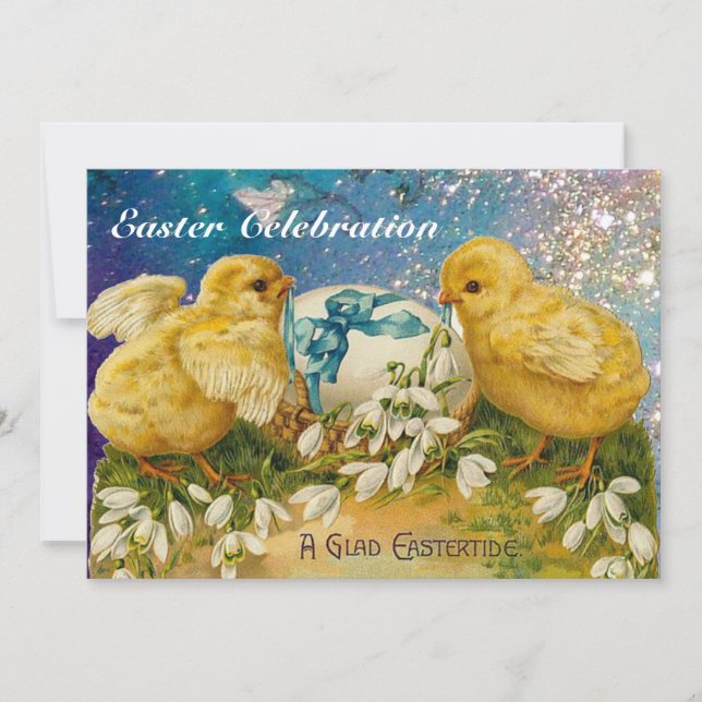 ELEGANT BASKET ,CHICKENS,FLOWERS AND EASTER EGGS INVITATION (Front)