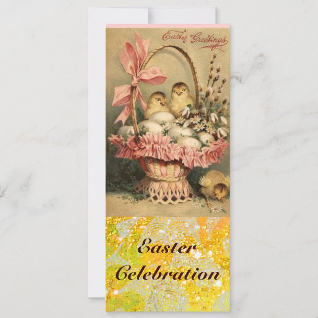 ELEGANT BASKET ,CHICKENS,FLOWERS AND EASTER EGGS INVITATION (Front)