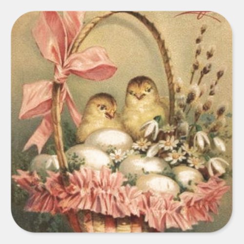 ELEGANT BASKET CHICKENSFLOWERS AND EASTER EGGS SQUARE STICKER