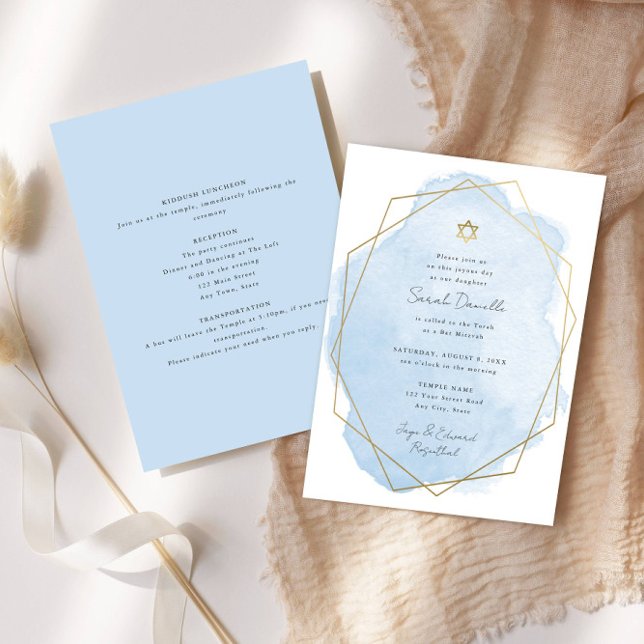 Elegant Bat Mitzvah, Blue Watercolor, Double-Sided Invitation (Creator Uploaded)