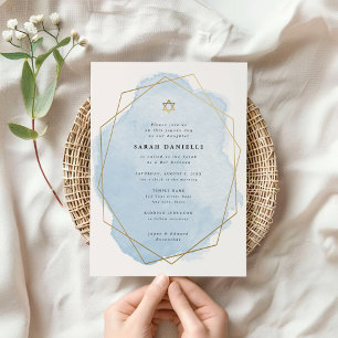 Elegant Bat Mitzvah, Blue Watercolor Gold Frame Invitation