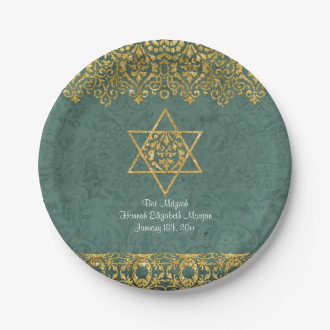 Elegant Bat Mitzvah Celebration Party Gold Glitter Paper Plates (Front)