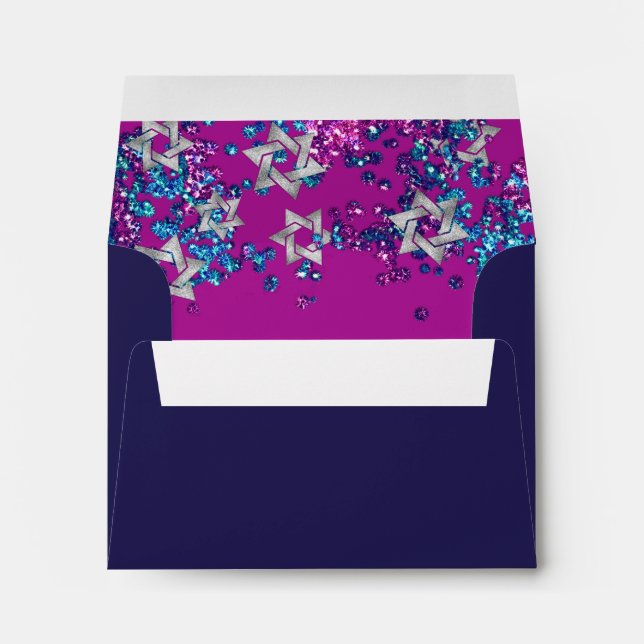 Elegant Bat Mitzvah Glittery Confetti Navy Envelop Envelope (Back (Bottom))