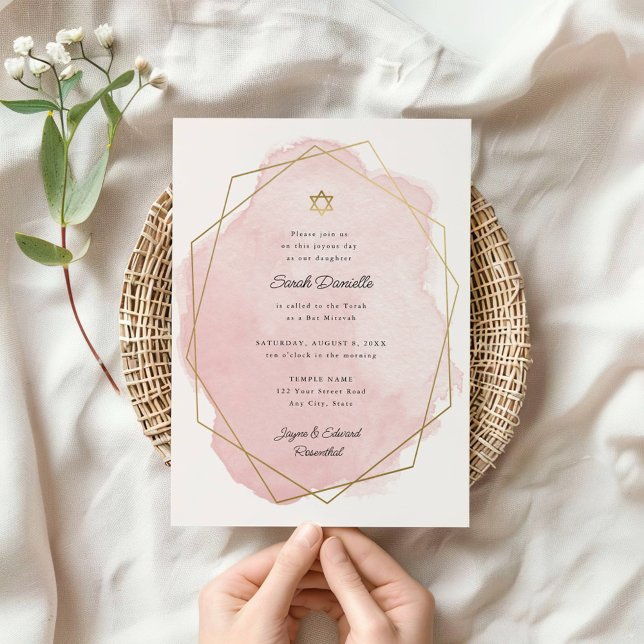 Elegant Bat Mitzvah Gold Star Pink Watercolor Invitation (Creator Uploaded)