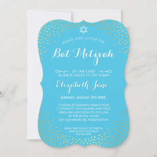 ELEGANT BAT MITZVAH mini rustic gold confetti aqua Invitation