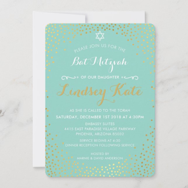 ELEGANT BAT MITZVAH mini rustic gold confetti mint Invitation (Front)
