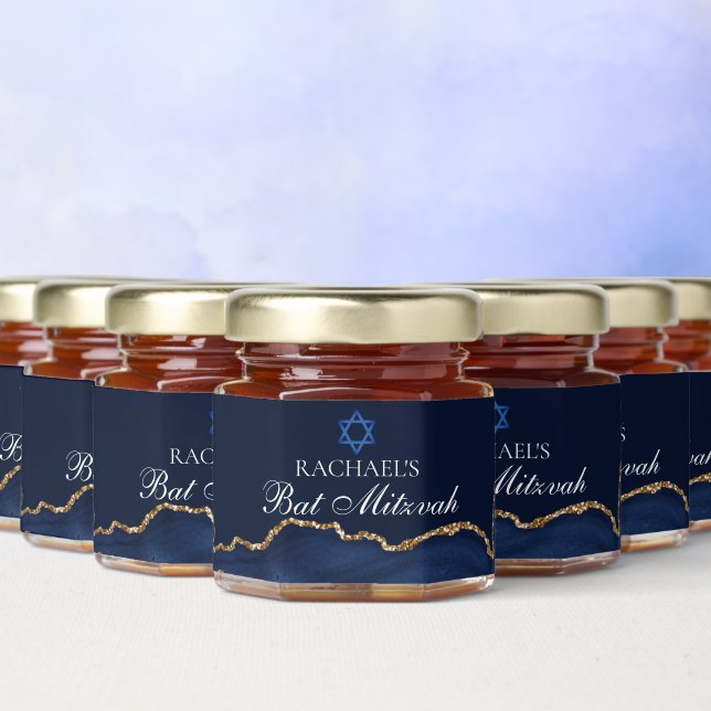 Elegant Bat Mitzvah Navy Blue Gold Agate Honey Jar Favors (Multi)