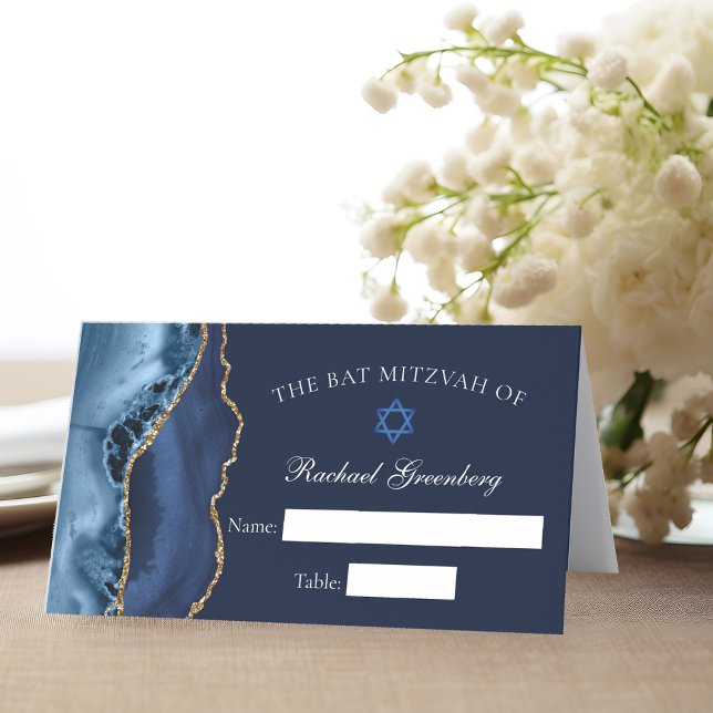 Elegant Bat Mitzvah Navy Blue Gold Agate Place Card (Creator Uploaded)
