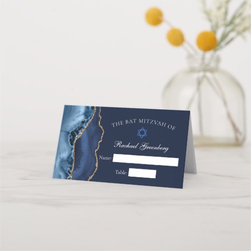 Elegant Bat Mitzvah Navy Blue Gold Agate Place Card