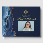 Elegant Bat Mitzvah Navy Blue Gold Foil Foil Guest Book<br><div class="desc">Elegant navy blue agate decorates the side of this modern Bat Mitzvah or Bar Mitzvah party guest book with gold foil script. Your son or daughter's name is written in beautiful formal script under the Star of David. Add their photo for a personalized touch. Perfect for a chic, stylish Jewish...</div>