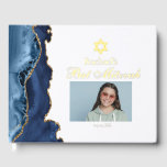 Elegant Bat Mitzvah Navy Blue Gold Foil Foil Guest Book<br><div class="desc">Elegant navy blue agate decorates the side of this modern Bat Mitzvah or Bar Mitzvah party guest book with gold foil script. Your son or daughter's name is written in beautiful formal script under the Star of David. Add their photo for a personalized touch. Perfect for a chic, stylish Jewish...</div>