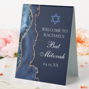 Elegant Bat Mitzvah Party Navy Blue Gold Table Tent