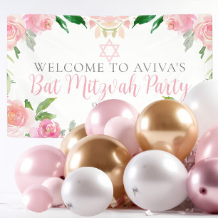 Elegant Bat Mitzvah Party Personalized Pink Floral Banner