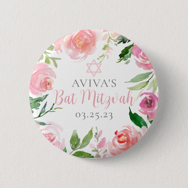 Elegant Bat Mitzvah Party Personalized Pink Floral Button (Front)