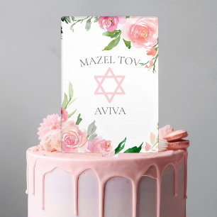 Elegant Bat Mitzvah Party Personalized Pink Floral Cake Topper