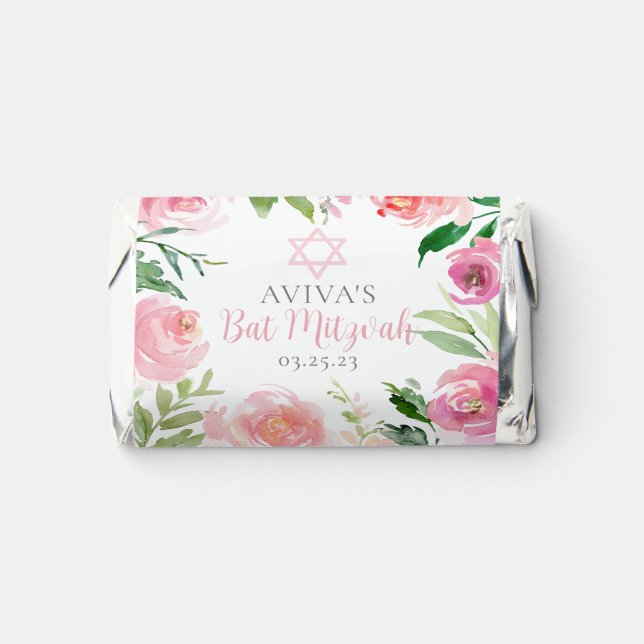 Elegant Bat Mitzvah Party Personalized Pink Floral Hershey's Miniatures (Front)