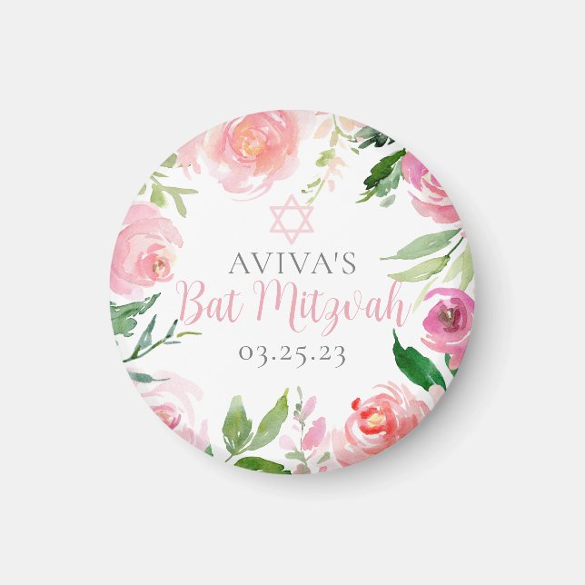 Elegant Bat Mitzvah Party Personalized Pink Floral Magnet (Front)