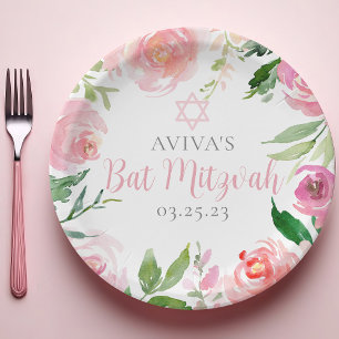 Elegant Bat Mitzvah Party Personalized Pink Floral Paper Plates