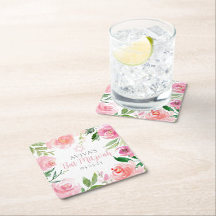 Elegant Bat Mitzvah Party Personalized Pink Floral Square Paper Coaster