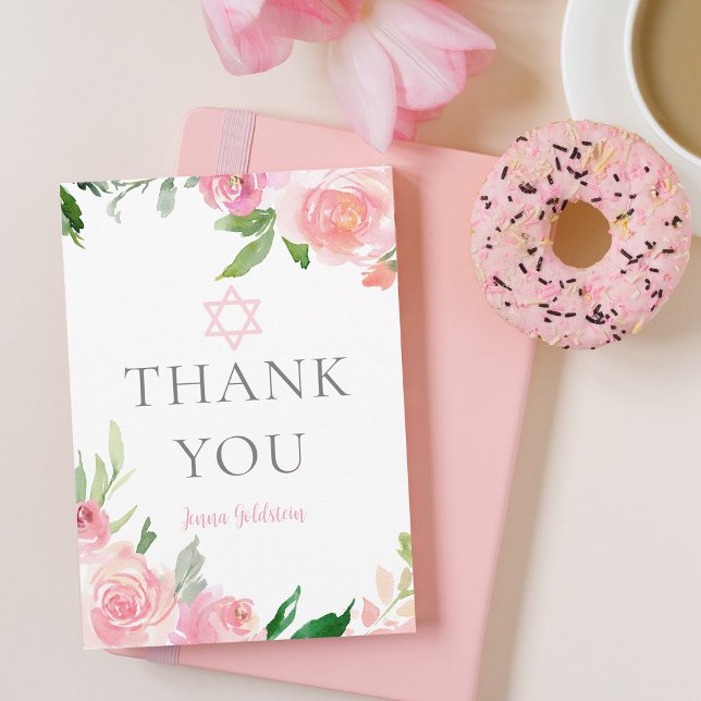 Elegant Bat Mitzvah Party Personalized Pink Floral Thank You Card (Creator Uploaded)