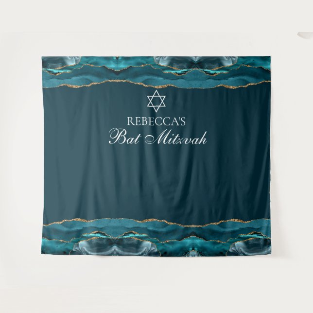 Elegant Bat Mitzvah Party Teal Gold Photo Booth Tapestry (Front (Horizontal))