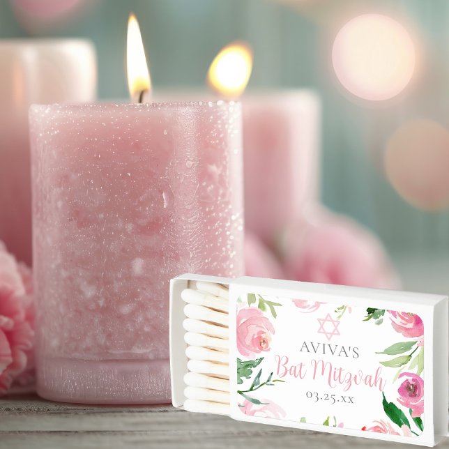 Elegant Bat Mitzvah Personalized Pink Floral Party Matchboxes (Creator Uploaded)
