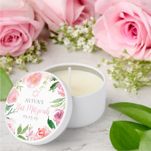 Elegant Bat Mitzvah Personalized Pink Floral Party Mini Candle Favors