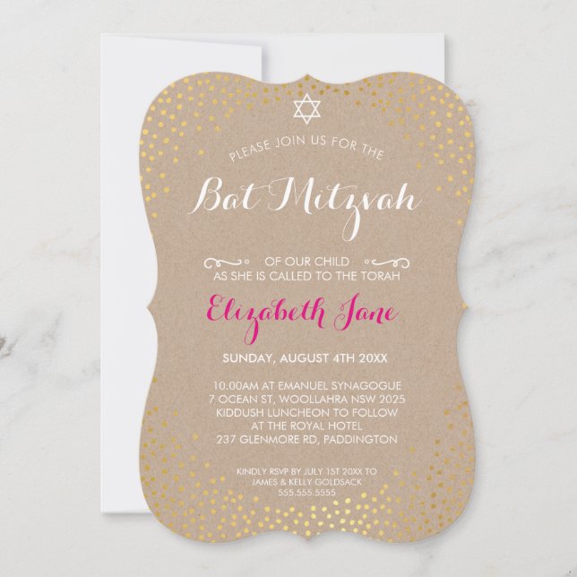 ELEGANT BAT MITZVAH rustic gold confetti kraft Invitation (Front)