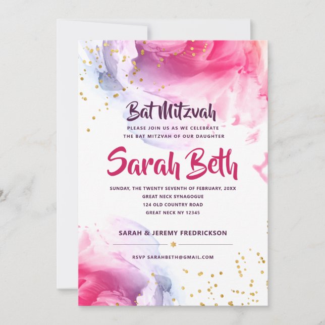 Elegant Bat Mitzvah Watercolor Glitter Invitation (Front)