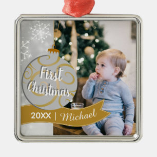 Elegant Bauble Baby's First Christmas Photo Metal Ornament