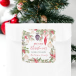 Elegant bauble pine floral watercolor Christmas Square Sticker<br><div class="desc">Get ready to celebrate the holidays in style with our Christmas favor sticker! Picture rustic green pine branches, festive red berries, and delicate beige flowers, with christmas ornaments baubles in all shapes and colors, all hand-painted for that special touch. The elegant script font adds a touch of sophistication, setting the...</div>