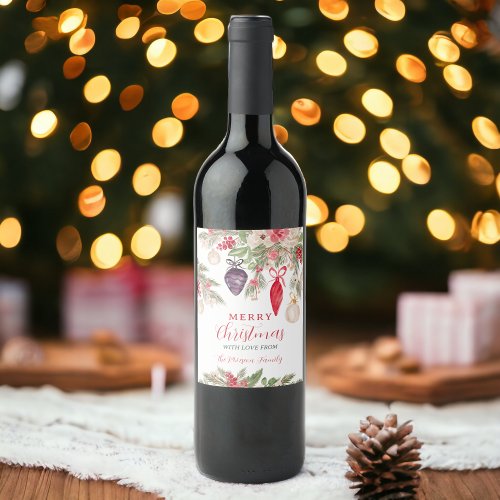 Elegant bauble pine floral watercolor Christmas Wine Label