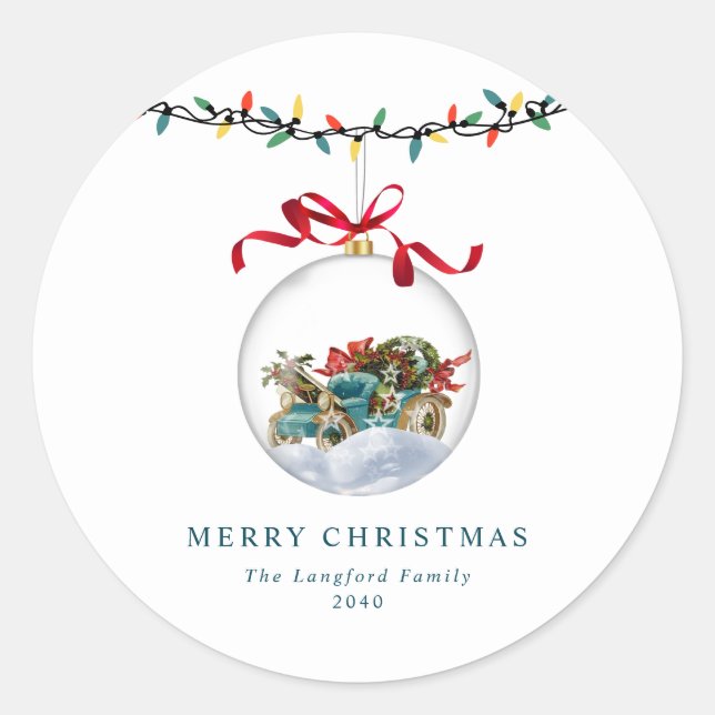 Elegant Bauble Red Bow Merry Christmas Classic Round Sticker (Front)