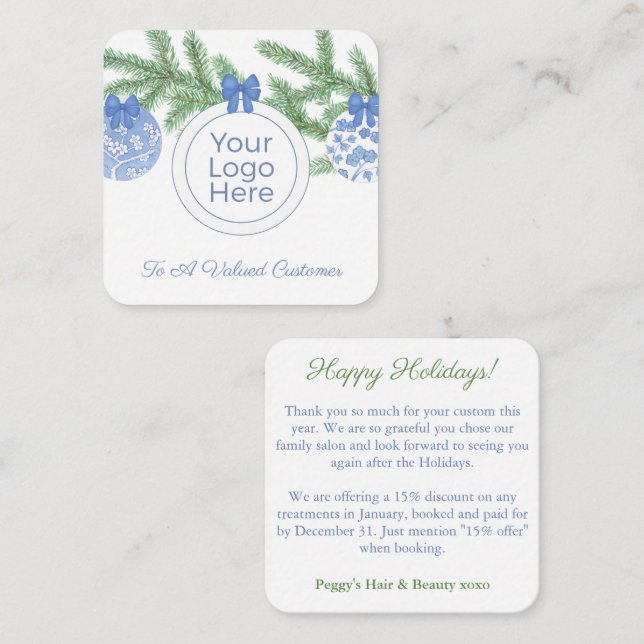 Elegant Baubles Small Business Logo Happy Holidays Note Card (Front/Back)