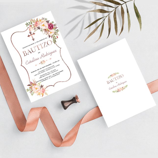 Elegant Bautizo Con Flores Rose Gold Girl Baptism Invitation (Creator Uploaded)