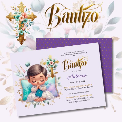 Elegant BAUTIZO Lilac Gold Floral Cross Invitation