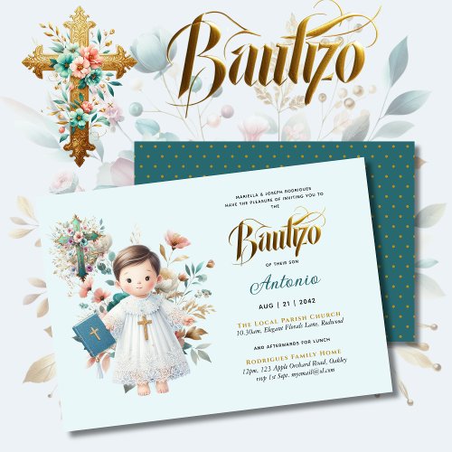 Elegant BAUTIZO Teal Blue Gold Floral Cross Invitation