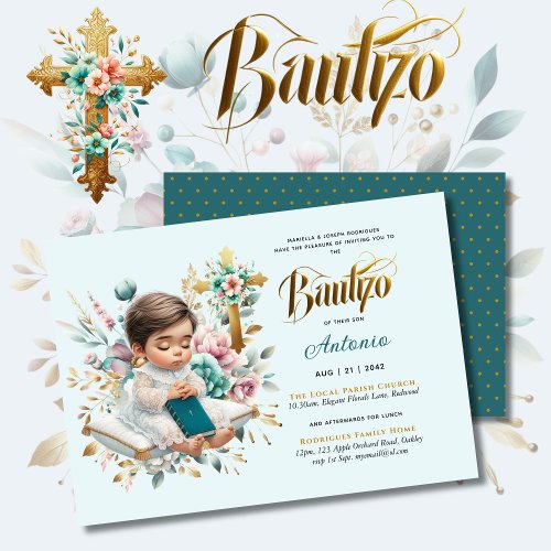 Elegant BAUTIZO Turquoise Gold Floral Cross Invitation