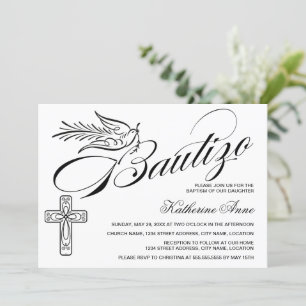 Elegant Bautizo Vintage Script Cross and Dove Invitation