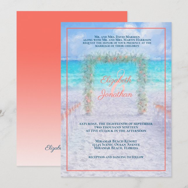 Elegant Beach Arbor Blue Coral Ombre Wedding Invitation (Front/Back)