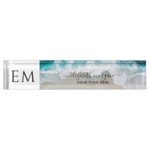 Elegant Beach Blue Green Script Monogrammed Desk Name Plate