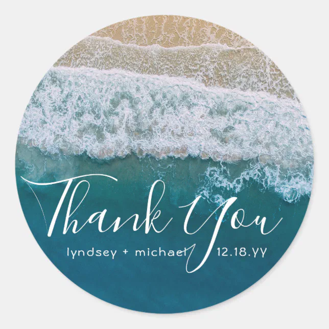 Elegant Beach Blue Ocean Thank You Wedding Favor Classic Round Sticker ...