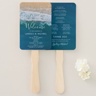 Elegant Beach Wedding Program Hand Fan with Teal Blue Ocean