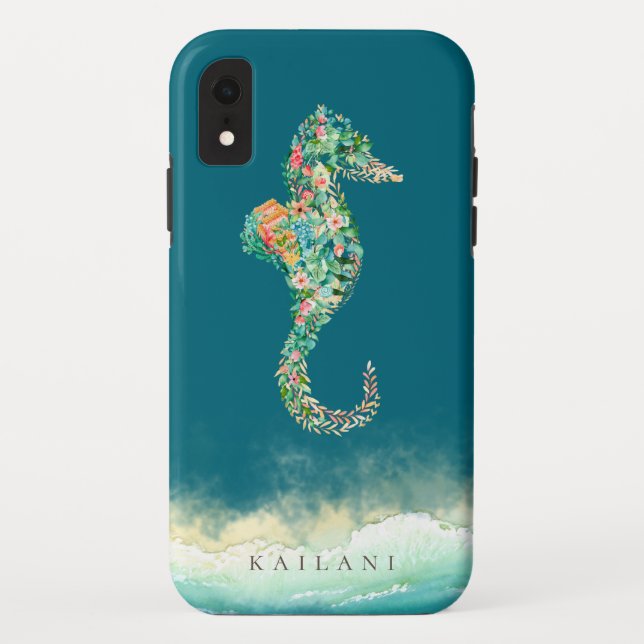 Elegant Beach Botanical Seahorse Blue Case-Mate iPhone Case (Back)