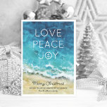 Elegant Beach Christmas Holiday Card<br><div class="desc">Warm tropical beach themed christmas cards featuring a beautiful watercolor painting of golden sand & the aqua blue ocean,  the words 'love,  peace,  joy',  your seasons greetings,  and family name.</div>