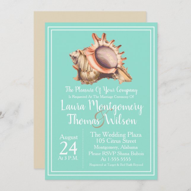 Elegant Beach Conch Shell Wedding Invitation (Front/Back)