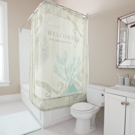 Elegant Beach Cottage Seashells Aqua Blue Coral Shower Curtain