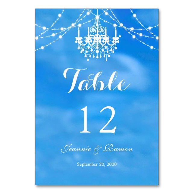 Elegant Beach, Couple & Chandelier Summer Wedding Table Number (Front)