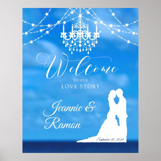 Elegant Beach, Couple & Chandelier Welcome Sign (Front)