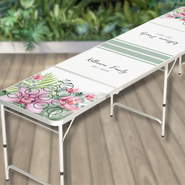 Elegant Beach House Create Your Own Beer Pong Table (Elegant Tropical Floral Beach House Family Name Beer Pong Table)